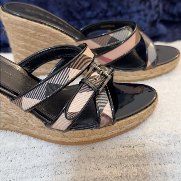 Burberry Black and Tan Plaid Wedge Sandals - Picture 2 of 12